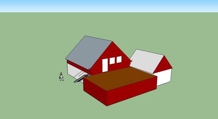 3D-modell av en husutbyggnad med brunt tak som sträcker sig bortom den ursprungliga byggnadens fasad.