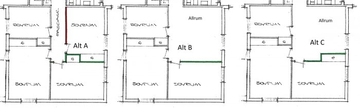 Arkitektonisk skiss med tre planlösningsalternativ för att återskapa ett sovrum efter rivna väggar.