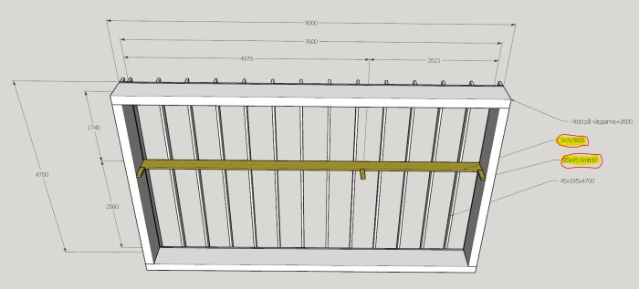 3D-modell av en träkonstruktion med översikt av bjälklag och markerad gul balk för att förstärka svikten.