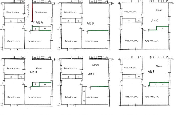 Översiktsbild av sex olika ritningsförslag märkta Alt A till Alt F för en bostadsplanlösning med möblering.