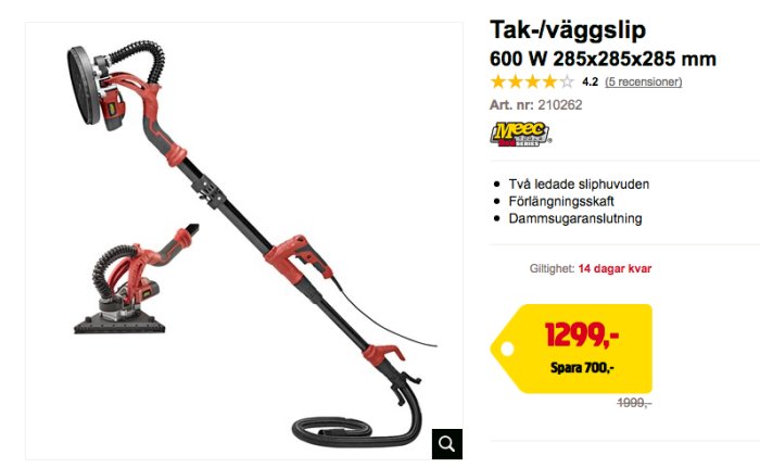 Elektrisk tak- och väggslip med förlängningsskaft, dammsugaranslutning och två slipshuvuden.