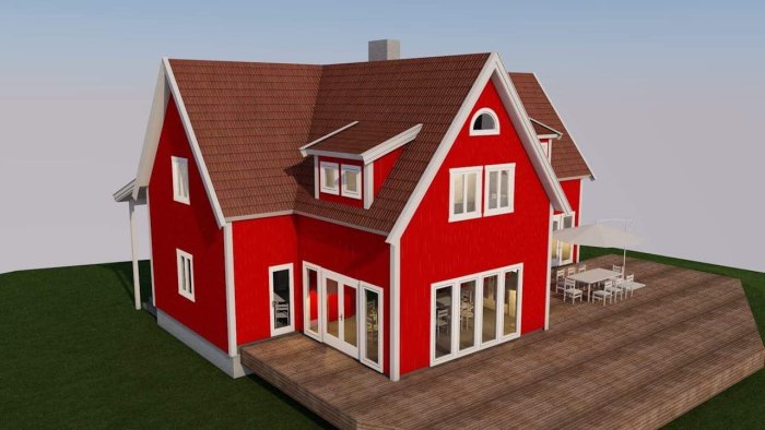 3D-rendering av ett rött hus med sadeltak, altan och uteplats med markis och utemöbler.