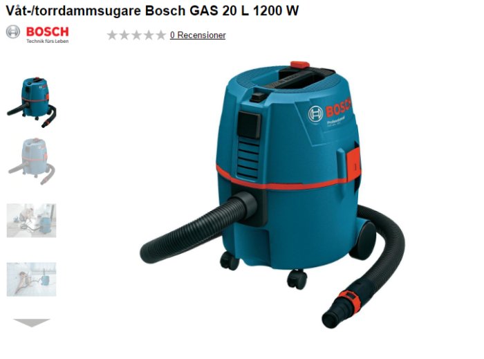 En blå BOSCH GAS 20 L 1200 W våt/torrdammsugare med svart slang och röda detaljer.