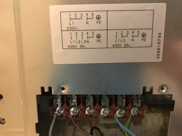 Elanslutningsschema och terminalblock för spis/ugn med märkningar för olika spänningsalternativ.