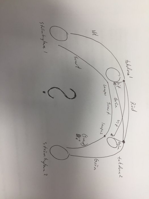 Handritad elektrisk kopplingsskiss med frågetecken och kommentarer, som visar osäkerhet om kopplingar.
