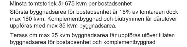 Textdokument som beskriver minimikrav och begränsningar för tomtstorlek och byggnadsarea.