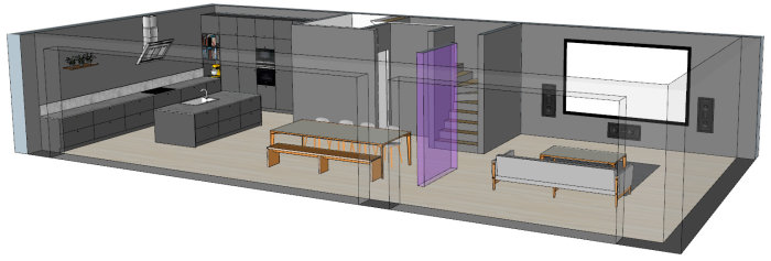 3D-ritning av en planlösning med kök, matplats och lila utbyggd vägg döljande toalettdörr.