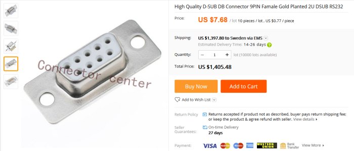 En D-SUB DB9 9-pin honkontakt för RS232, visas bredvid pris och fraktinformation på en webbshop.