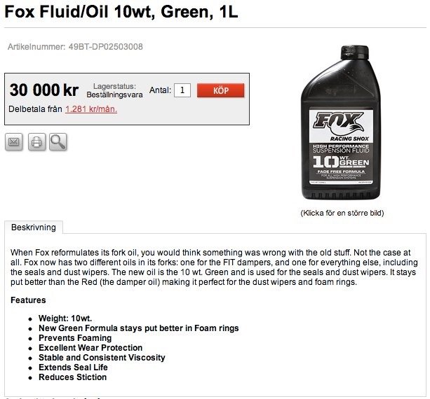 Flaska med Fox Fluid/Oil 10wt, grönt, för framgafflar på cyklar, 1 liter.