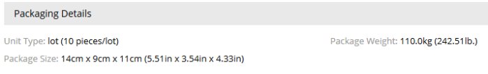Skärmdump som visar förpackningsdetaljer med felaktig vikt angiven som 110 kg för en partipackning kontakter.