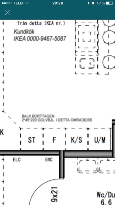 Bygg ritning som visar borttagen balk för bjälklag specifierat som 2*45*220, med omgivande el- och vvs-installationer.