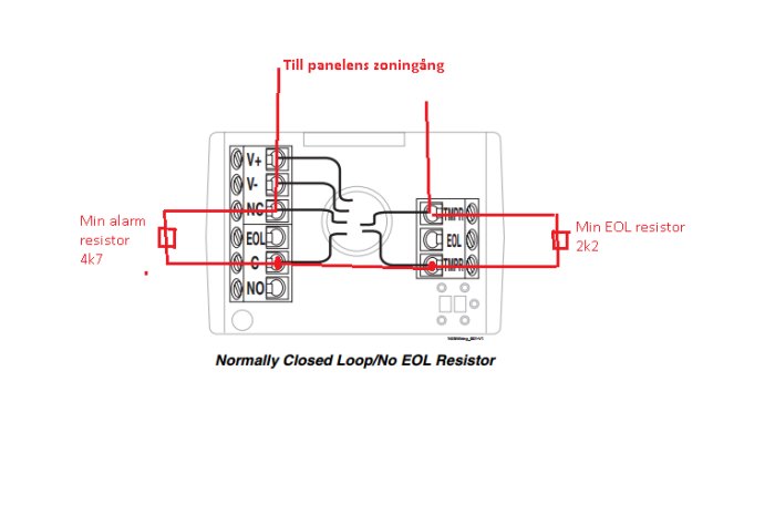 Schematisk ritning av EOL koppling för Honeywell glasdetektor med markerade zoner och resistorer.