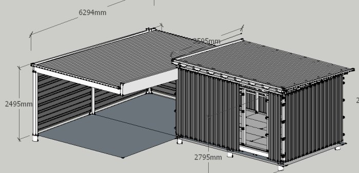 3D-skiss av carport med förråd och dimensioner, planerat för grönt sedumtak.