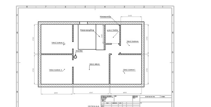 Ritning av ovanvåningen i ett hus, med förslag på layout för rum och golvvärmesystem.