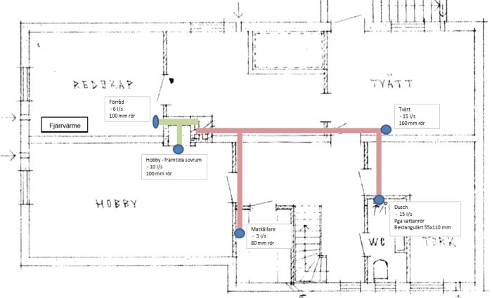 Arkitektritning av hus med markerad rördragning för FTX-system och noteringar om luftflöde och rördimensioner.