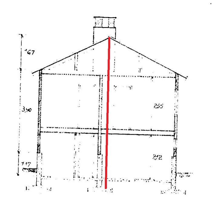 Gammal ritning av ett hus med en markerad röd linje som föreslagen pelare från nock till syl.