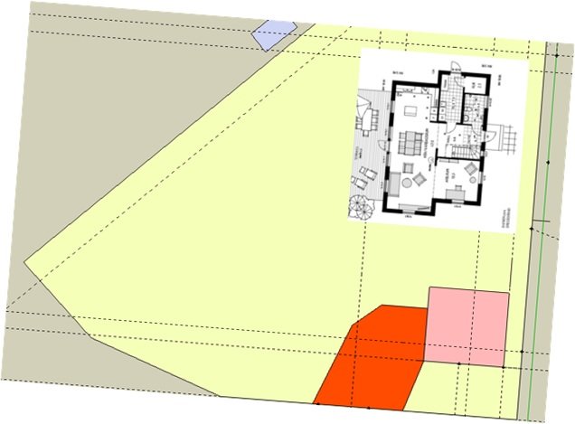 Tomtplan med markerat område för ett move303 hus och två alternativa placeringar för garaget i rosa och rött.