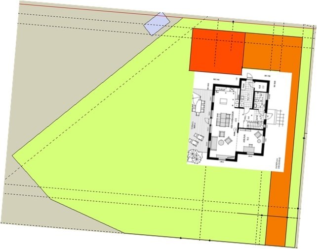 Tomtplan med illustrerad placering av husmodellen move303 och två potentiella garagepositioner.