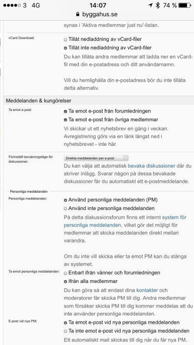 Skärmdump av inställningar för bevakningar och meddelanden på webbplatsen byggahus.se.