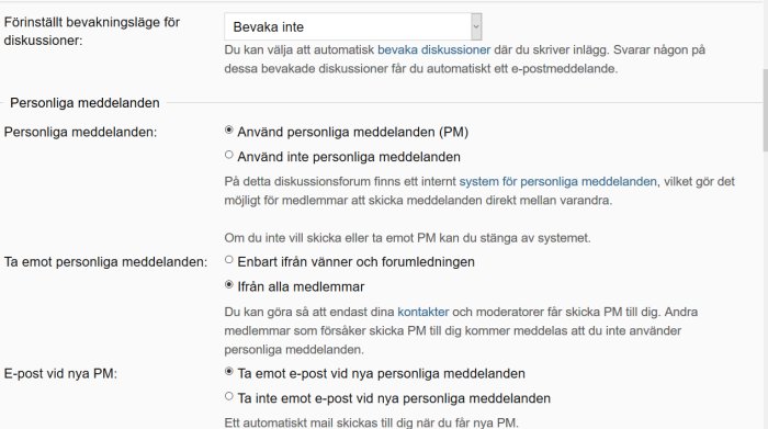 Skärmdump av inställningar för bevakningar och personliga meddelanden på ett diskussionsforum.