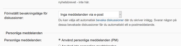 Skärmdump av inställningar för bevakning och meddelanden på ett diskussionsforum.