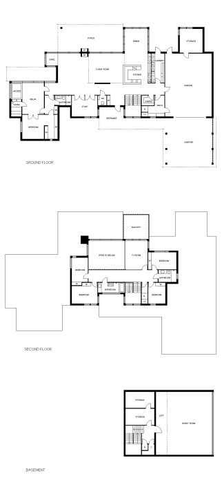 Svartvit ritning av en villas planlösning för källare, bottenvåning och övervåning.