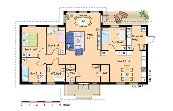 Planritning av ett hus med möblering, markerade sovrum, badrum, vardagsrum och kök.