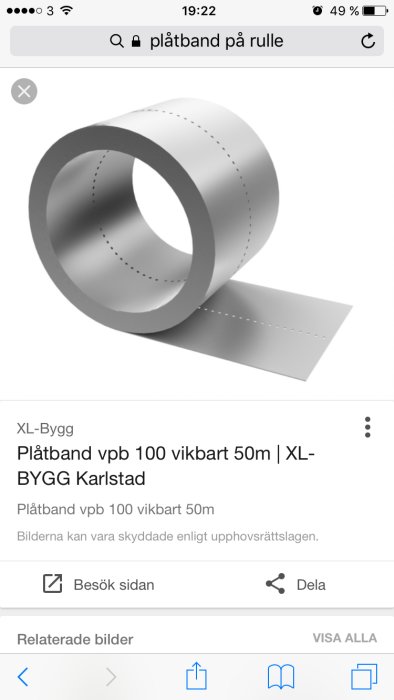 Rulle av vikt plåtband på 50 meter från XL-Bygg i en sökmotorresultatsida.