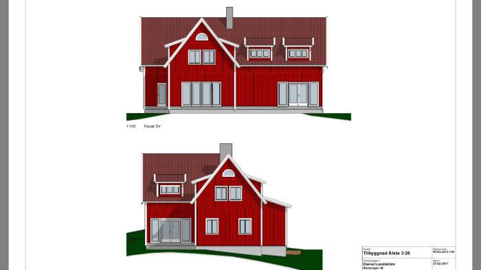 3D-renderade ritningar av en röd husfasad med vita fönsterkarmar och tegeltak, för- och sidovy.