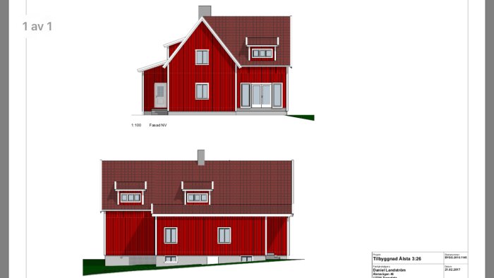 3D-ritningar av en röd husfasad med vita fönster och dörrar, sett från två vinklar.