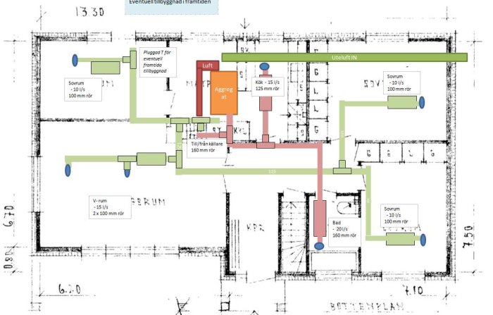 Uppdaterad ritning av källarplan med markerade rum, ventilationssystem och måttangivelser.