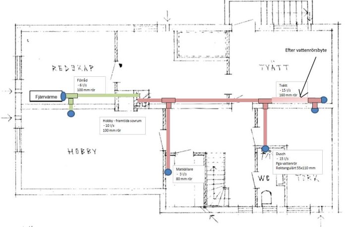 Ritning av källarplan med markerade VVS-installationer, flöden och rördimensioner.