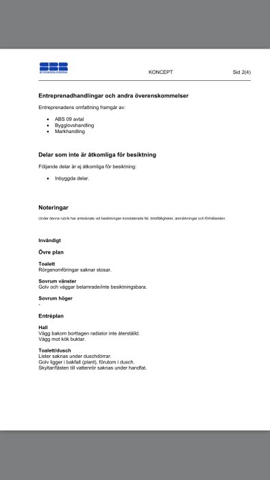 Dokument med rubriken "Entreprenadhandlingar och andra överenskommelser" och anteckningar om byggbesiktning.