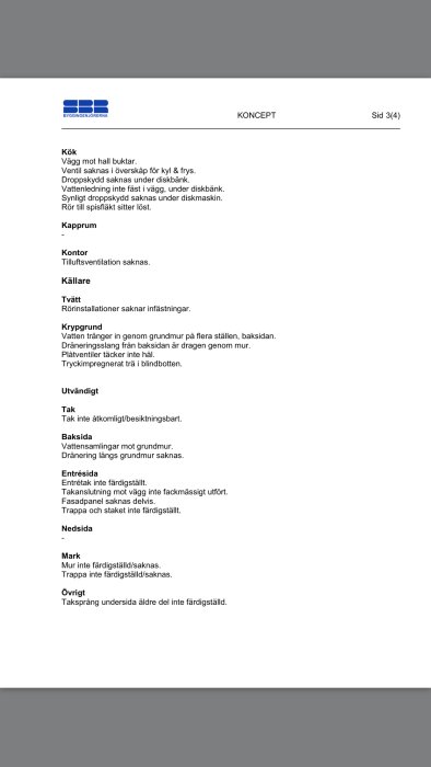 Dokument med rubriken "KONCEPT", innehåller lista över byggnadsbrister sorterade efter kök, källare, etc.