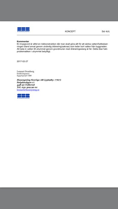 Dokument med text om risker med krypgrund och vikten av dränering.