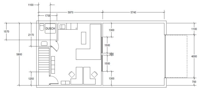 Arkitektonisk ritning av en planlösning med måttangivelser för en byggnad.