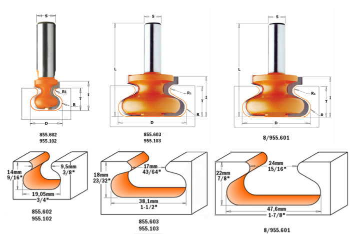 Tre olika frässtål med tekniska ritningar och måttangivelser för träbearbetning.