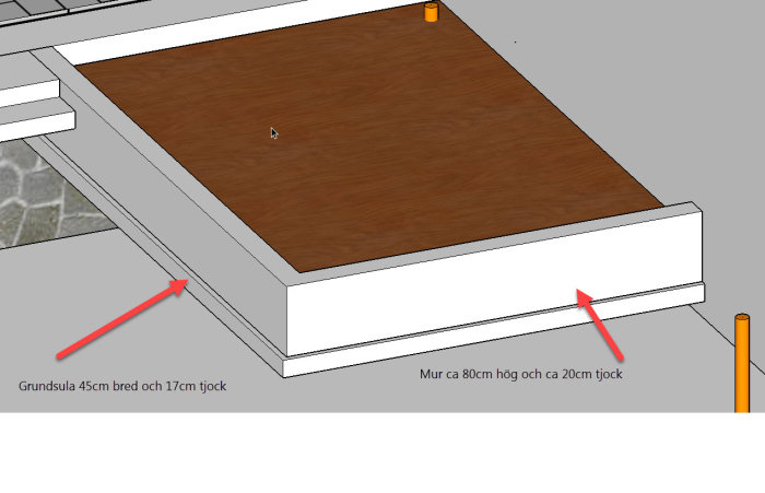 3D-modell av grundsula och mur för utekök med dimensioner angivna.