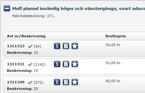 Skärmbild av Dahls lagersaldo för muff planad invändig höger/vänster med priser och artikelnummer.