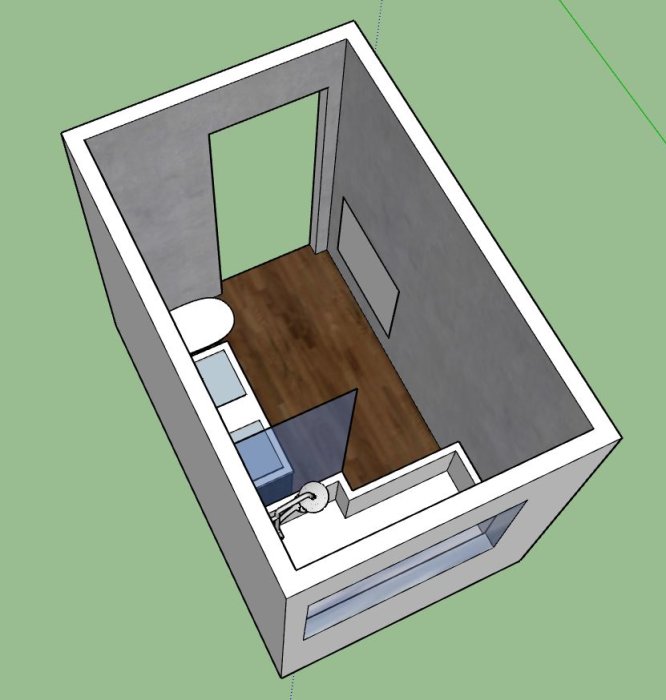 3D-Sketchupmodell av ett planerat badrumsrenoveringsprojekt med plats för fördelarskåp.