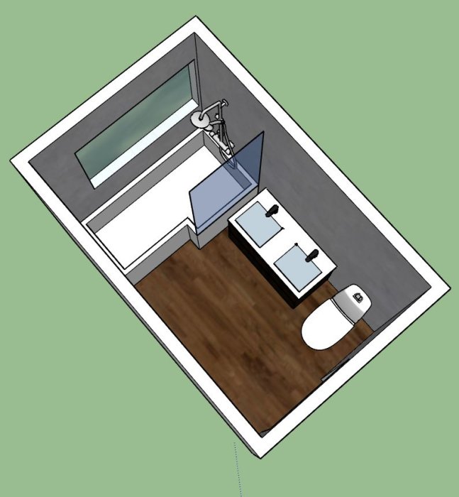 3D-modell av ett badrum med duschhörna, tvättställ och toalett i Sketchup.