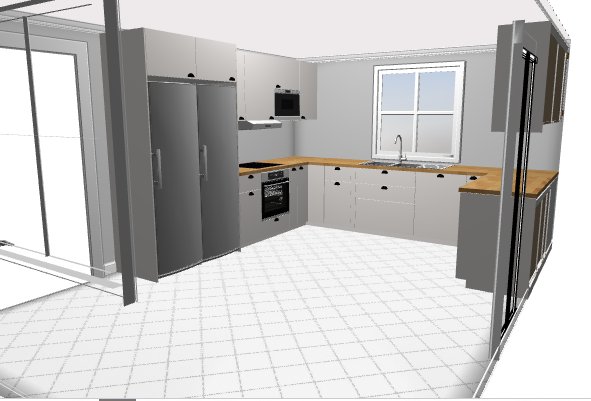Digital ritning av ett planerat köksrenoveringsprojekt med grå skåp och träbänkskivor.