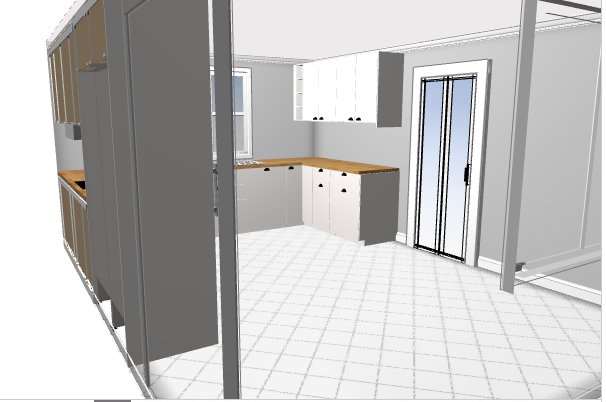 Digital ritning av ett kök med vita skåp, träbänkskivor och en altandörr som leder utåt.