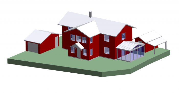 3D-modell av rödmålat hus med vit isolerad plåttaksuterum och fristående garage.