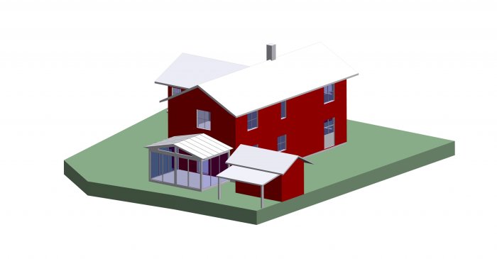 Digital illustration av ett rött hus med tillbyggt inglasat uterum och separat förråd.