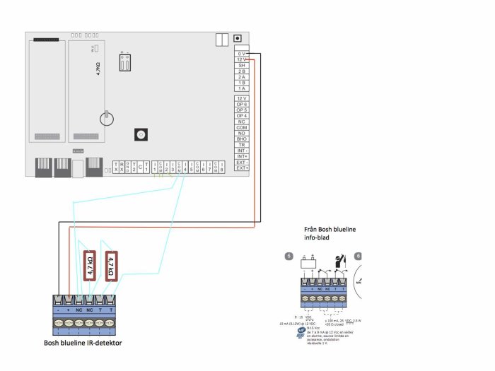 Schematisk illustration av kopplingar på en Bosch Blueline IR-detektor med markerade motstånd och kabelanslutningar.