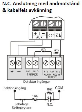 Kopplingsschema för N.C.-anslutning med ändmotstånd och kabelfelsavkänning, inklusive terminaler och detektoringångar.