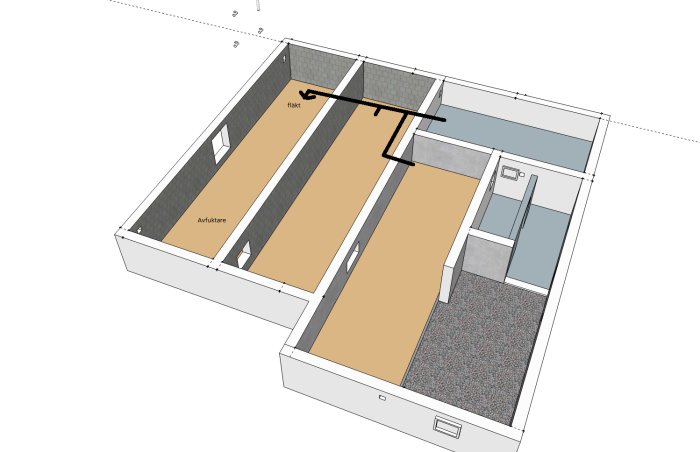 3D-ritning av en krypgrund med förslagen ventilation inklusive placering av fläkt, avfuktare och luftkanaler.