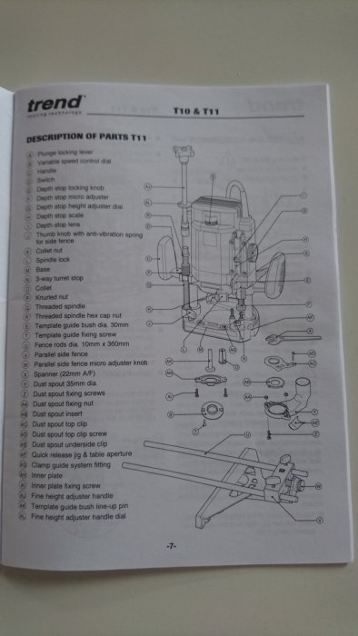 Öppen manual som visar en detaljerad diagrametikett och delar för en T10 & T11 träbearbetningsrouter.