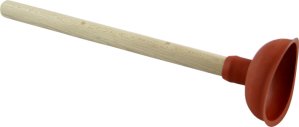 En vaskrensare med trähandtag och röd sugkopp.